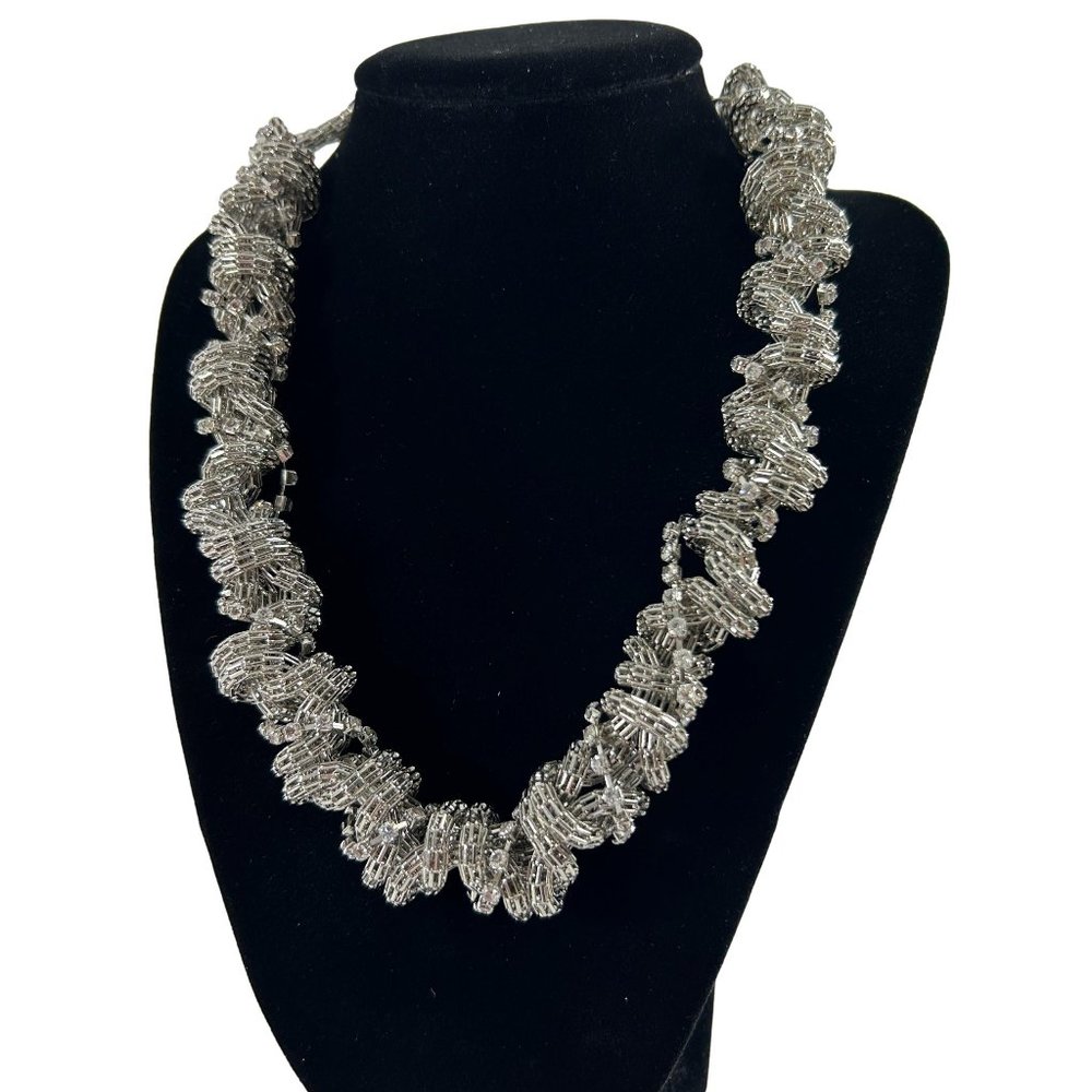 Silver Tone Rhinestones Twisted Chain Necklace Chunky 20"
